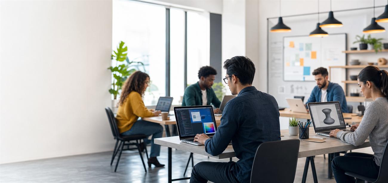 Adults using laptops to study web, data, and design skills