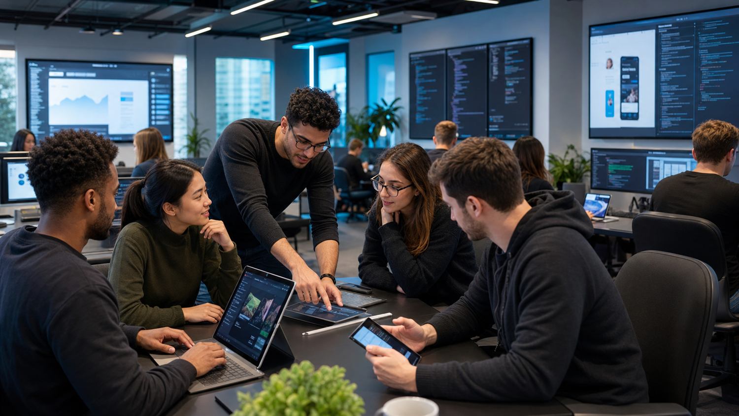 Learners collaborating in a modern technology training lab